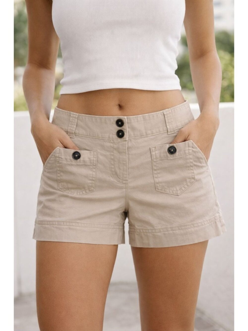 New York & Company Womens Cotton Blend Shorts 2-Pack Beige & Denim Button Front